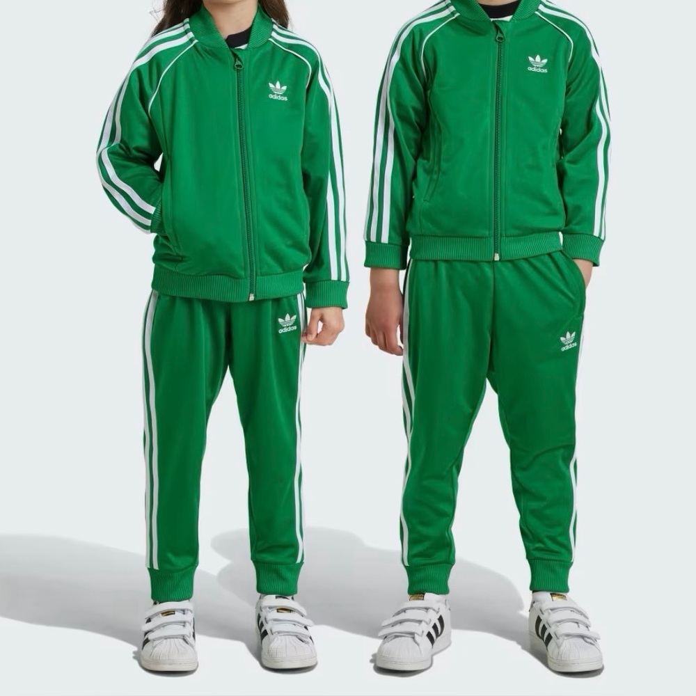 adidas Green Kids Track Jacket & Pants with White Stripes